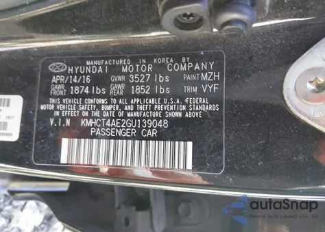 2016 Hyundai Accent Se z USA, uszkodzony, nr VIN KMHCT4AE2GU139048